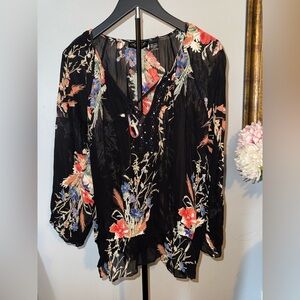 lola Black Floral Tie-Front Peasant Blouse